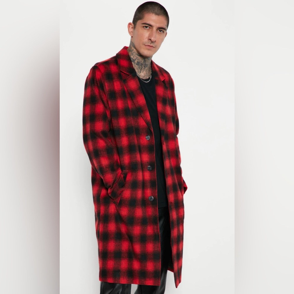 Fashion Nova Red & Black Plaid Long Coat